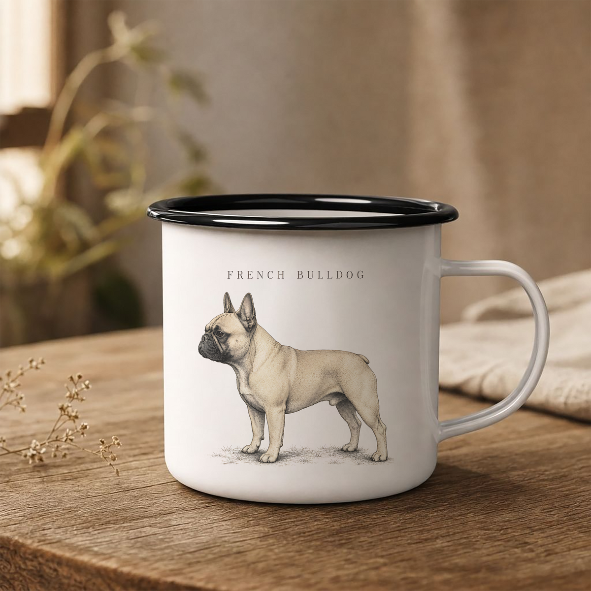 French Bulldog Enamel Mug, Frenchie Coffee Cup, Dog Breed Design, Rustic Country Kitchen Decor