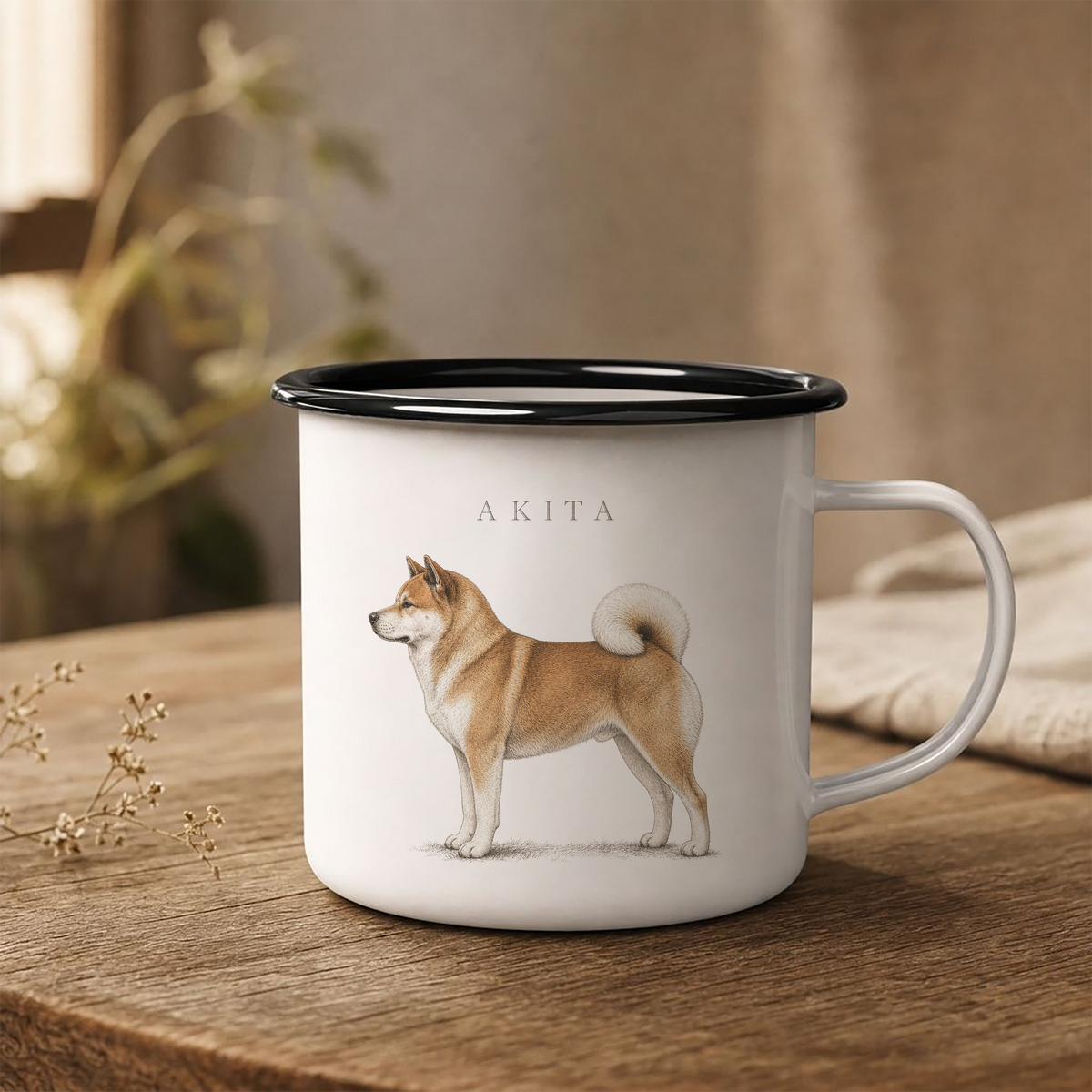 Akita enamel coffee mug with a full-body Japanese Akita dog and breed name, traditional dog breed design for Akita owners with rustic country, cottage and farmhouse style.