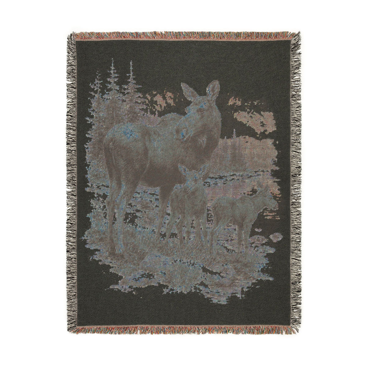 Moose Family Woven Blanket, Rustic Mountain Wildlife Throw, Cabin Lodge Nature Decor