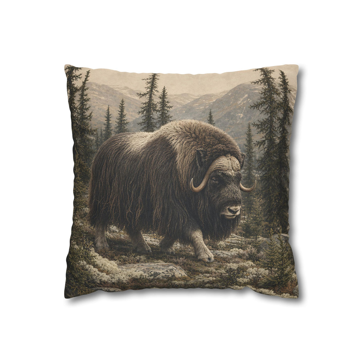 Musk ox decorative pillow cover with a northern wilderness design of a shaggy musk ox among evergreen trees and distant mountains, displayed on a rustic wooden bench.