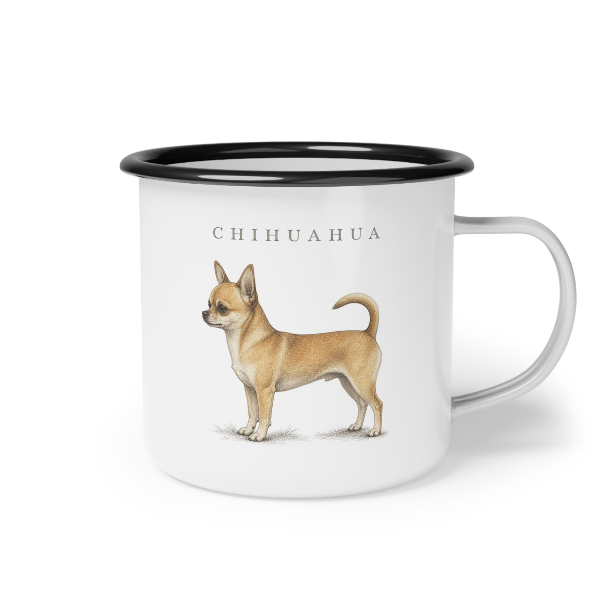 Chihuahua enamel coffee mug with a full-body Chihuahua and breed name, traditional small dog breed design for Chihuahua owners with rustic country, cottage and farmhouse style.