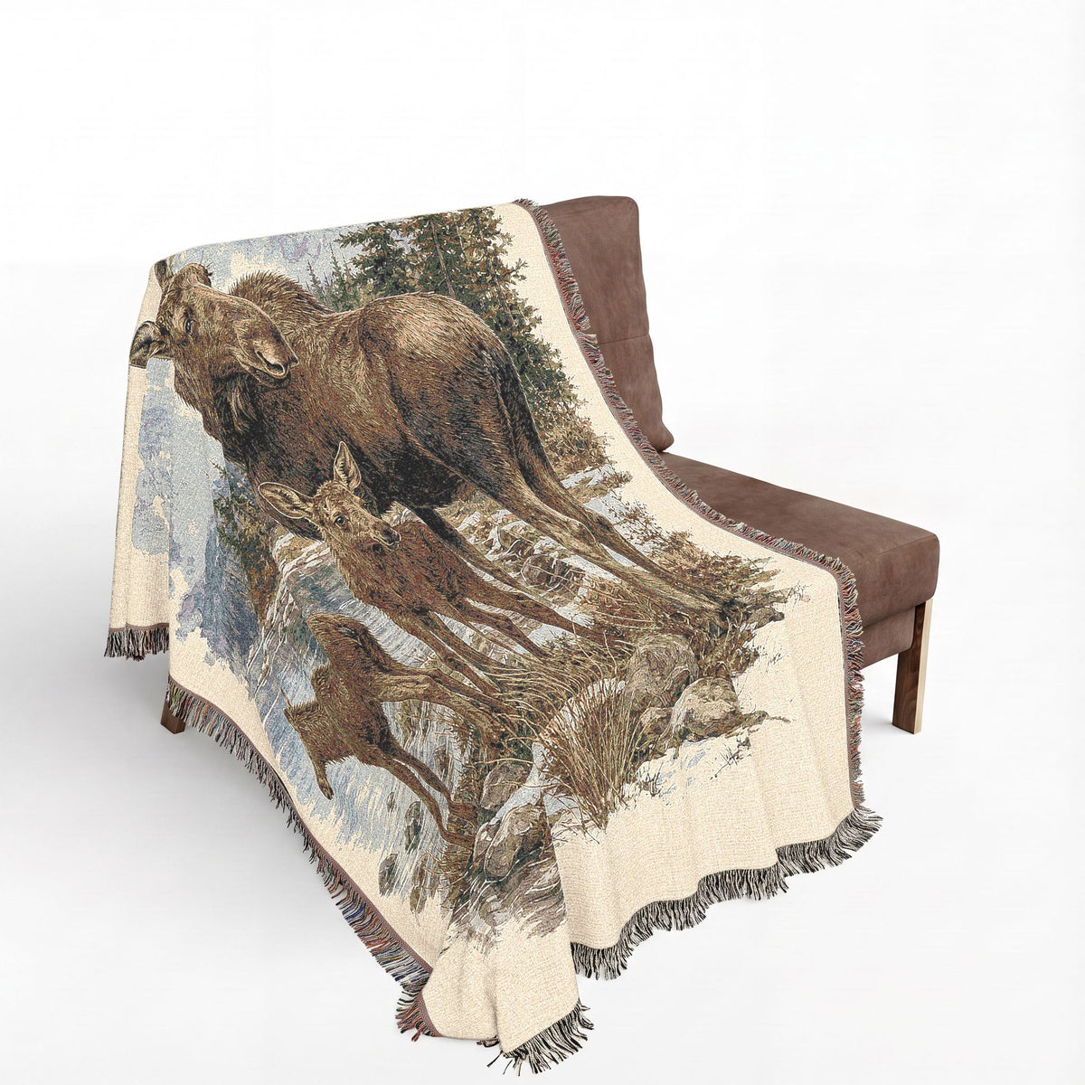 Moose Family Woven Blanket, Rustic Mountain Wildlife Throw, Cabin Lodge Nature Decor
