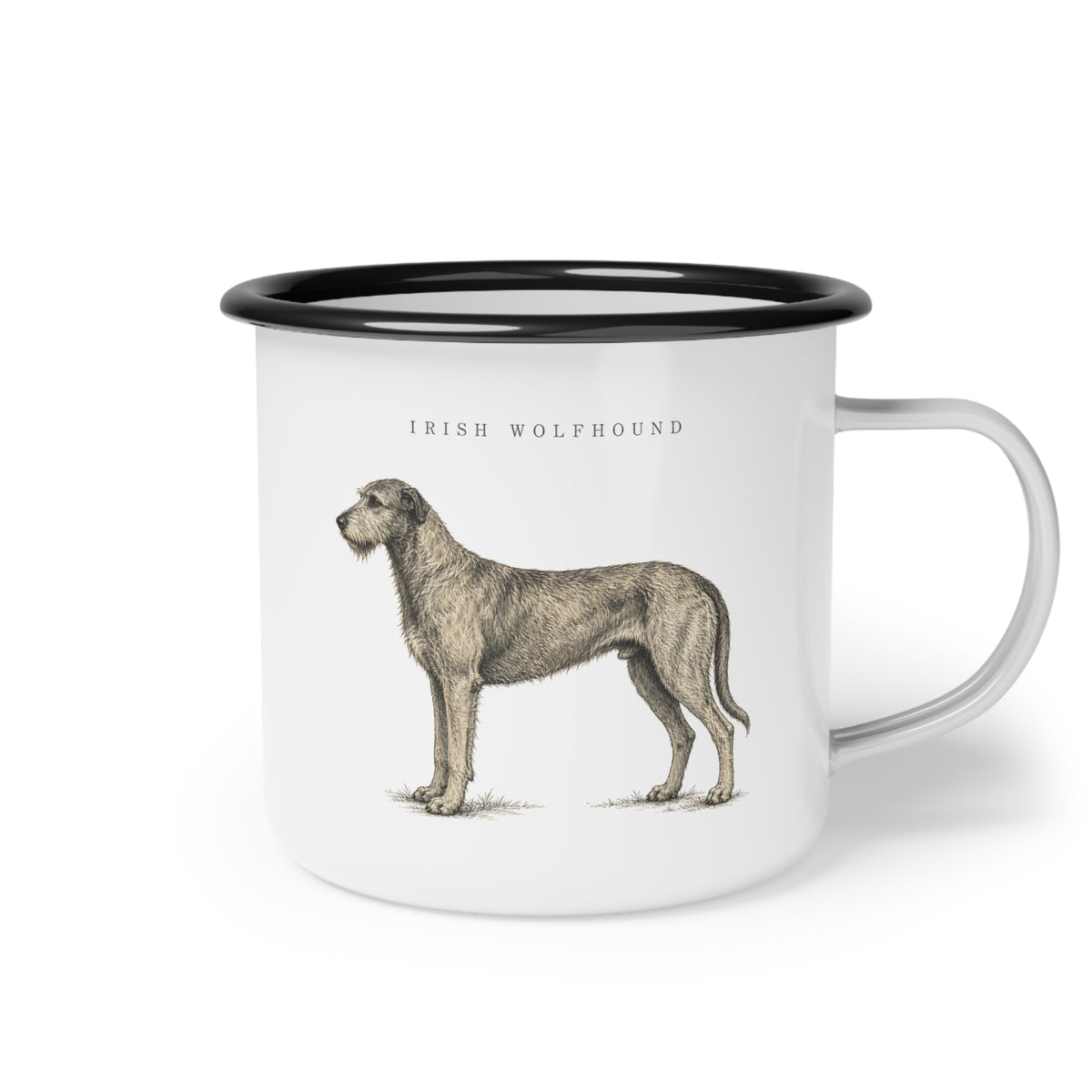 Irish Wolfhound enamel coffee mug with a full-body gray Irish Wolfhound and breed name, traditional sighthound design for Wolfhound owners with rustic country, cottage and farmhouse style.
