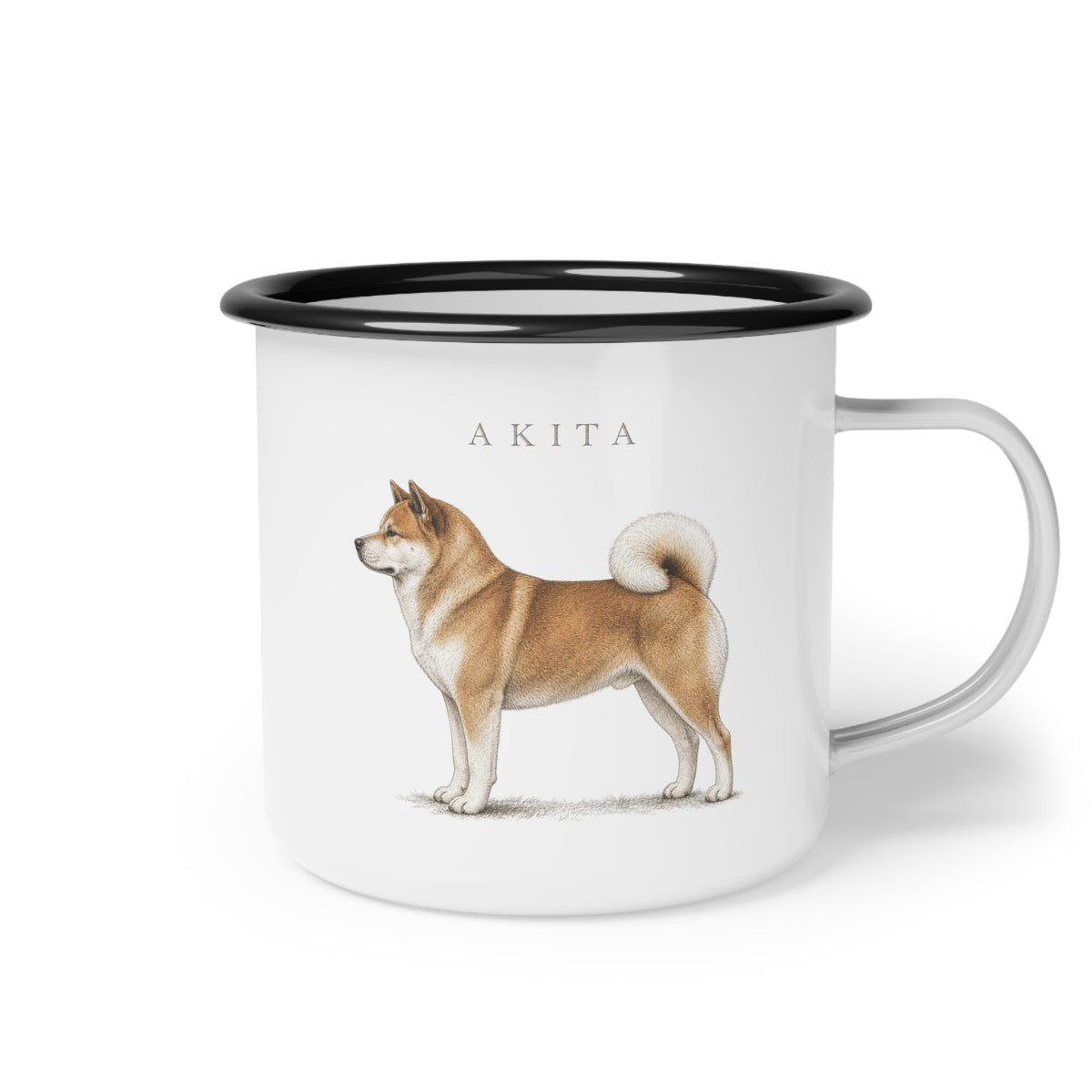 Akita enamel coffee mug with a full-body Japanese Akita dog and breed name, traditional dog breed design for Akita owners with rustic country, cottage and farmhouse style.