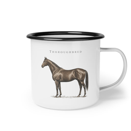 Thoroughbred Horse Enamel Mug, Racehorse Coffee Cup, Equestrian Horse Racing Gift
