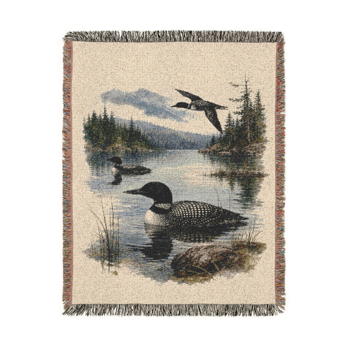 Loon Woven Blanket, Rustic Lake Cabin Throw, Northern Wildlife Nature Home Decor