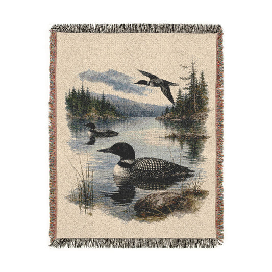 Loon Woven Blanket, Rustic Lake Cabin Throw, Northern Wildlife Nature Home Decor