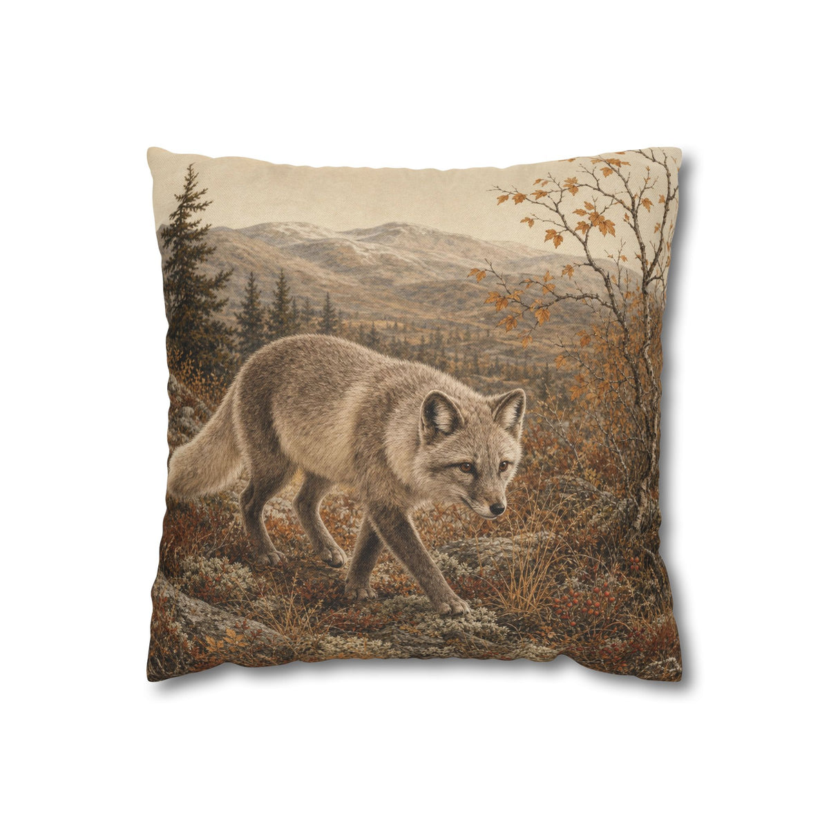 Scandinavian wildlife pillow cover with an arctic fox, distant mountains, evergreen forest and autumn tundra plants, styled as a rustic accent for a cabin or mountain home.