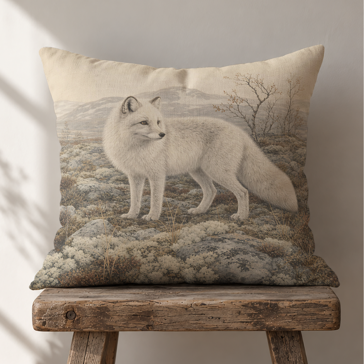 Rustic arctic fox pillow cover with a white arctic fox standing among rocks and low tundra plants in a northern mountain landscape with soft cream and earthy neutral tones.