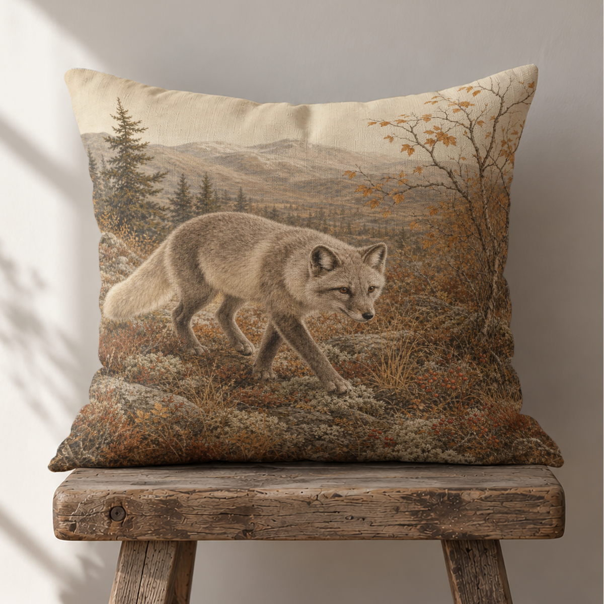 Rustic arctic fox pillow cover with an arctic fox walking through a northern mountain landscape surrounded by autumn plants, rocks and evergreen trees in warm earthy tones.