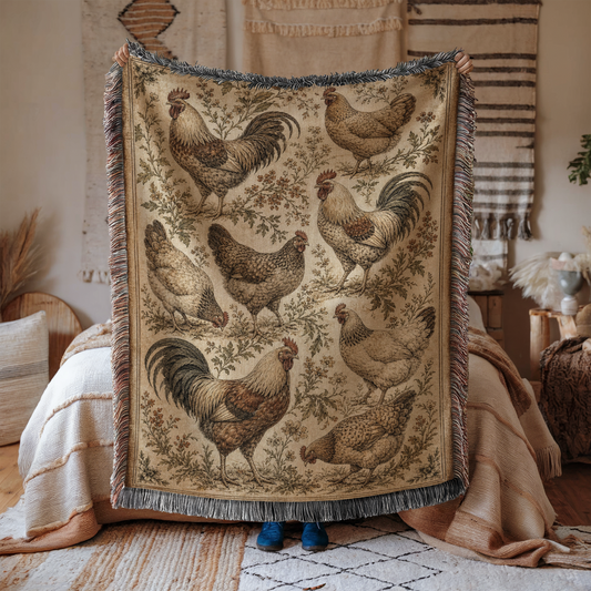 Rustic chicken woven blanket with vintage roosters and hens surrounded by wildflowers, leafy branches and country botanicals, farmhouse cottagecore decor with a classic decorative border.
