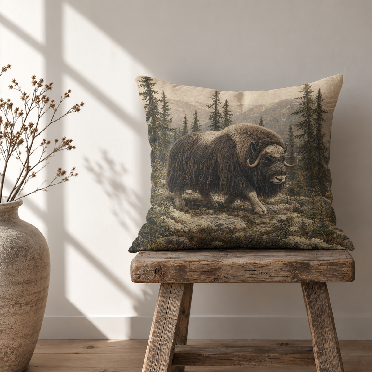 Rustic musk ox pillow cover with a shaggy musk ox standing in a northern mountain forest, surrounded by evergreen trees, rocks and low woodland plants in earthy natural tones.