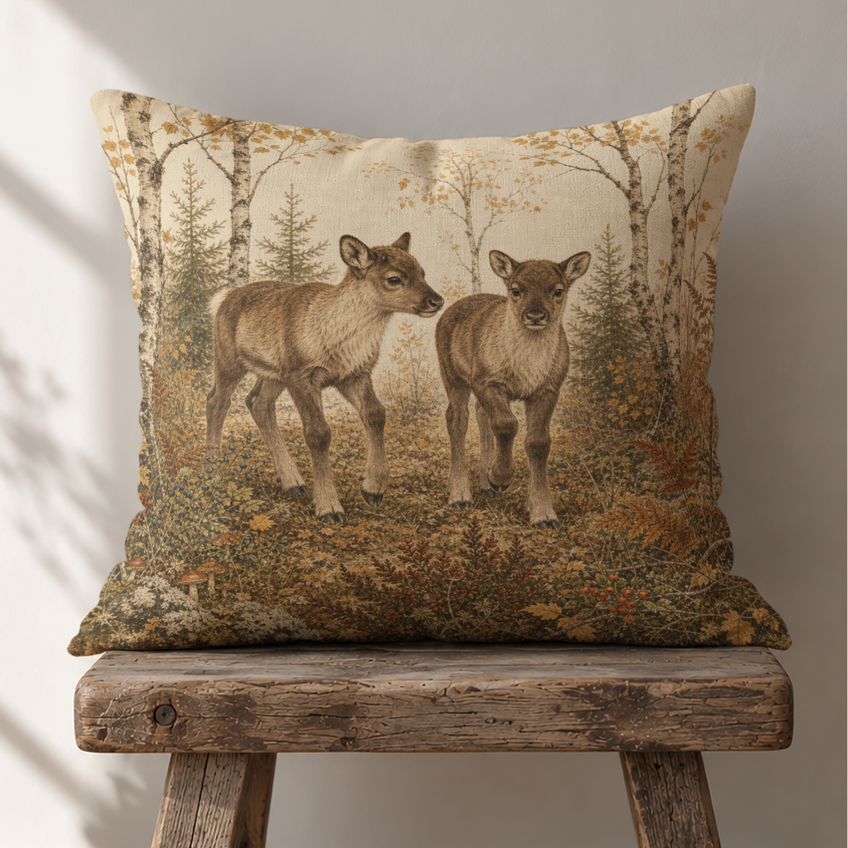 Rustic reindeer calf pillow cover with two young reindeer walking through an autumn birch forest, surrounded by woodland plants in warm earthy brown and neutral tones.
