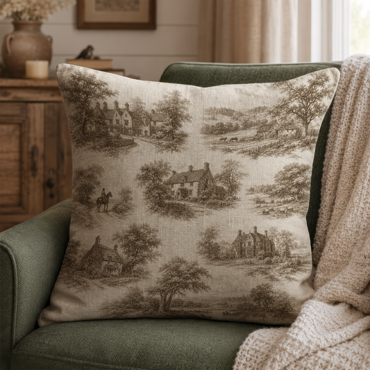 Vintage English country woven pillow with detailed cottages, old country houses, trees, rolling farmland and grazing animals in a pastoral rural landscape.