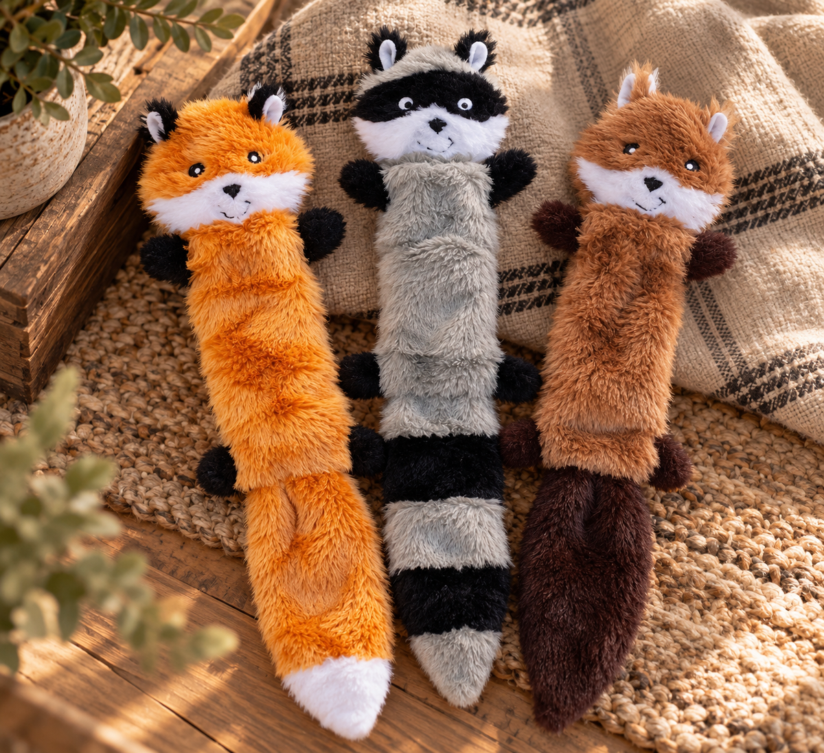 Woodland Squeaky Dog Toy, Stuffing-Free Plush Fox, Raccoon, Squirrel