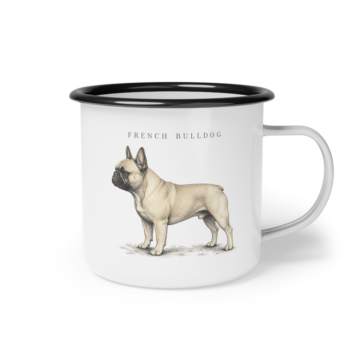 French Bulldog enamel coffee mug with a full-body Frenchie and breed name, traditional dog breed design for French Bulldog owners with rustic country, cottage and farmhouse style.