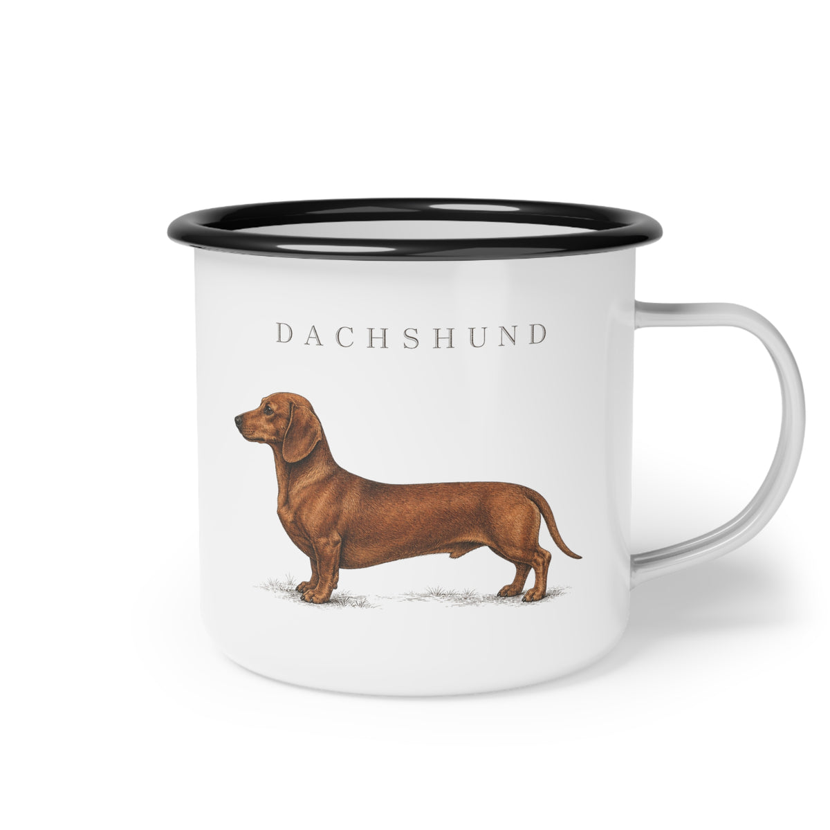 Dachshund enamel coffee mug with a full-body brown Dachshund and breed name, traditional sausage dog breed design for Dachshund owners with rustic country, cottage and farmhouse style.