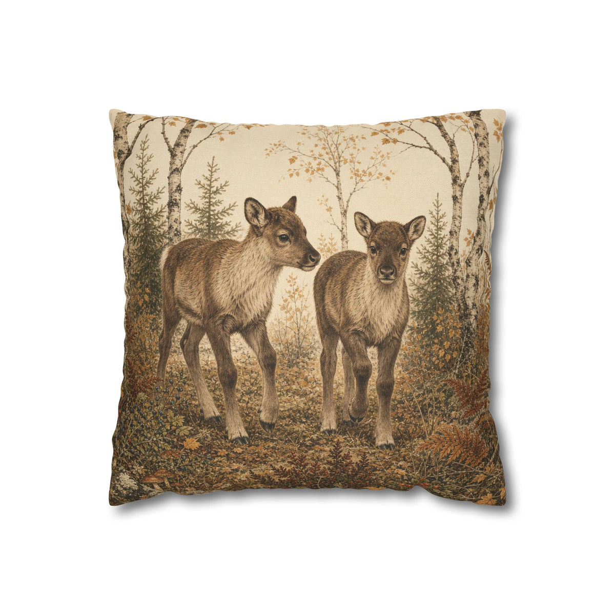 Reindeer calf decorative pillow cover with a vintage woodland design, birch trees, forest plants and earthy fall colors, displayed in a warm rustic Scandinavian interior.