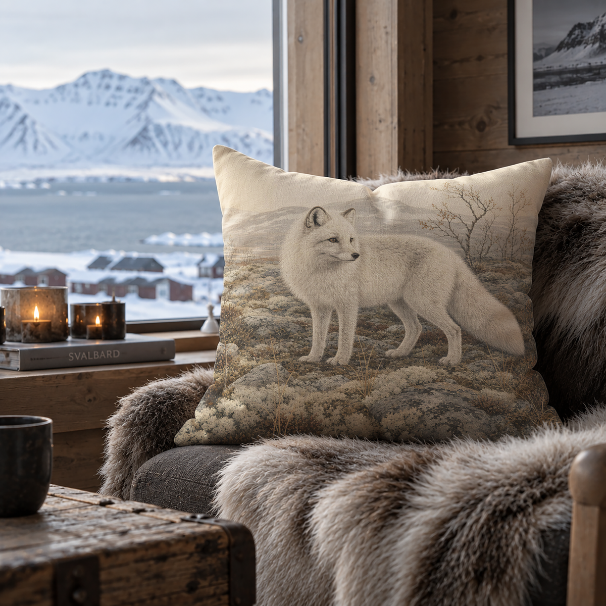Arctic wildlife pillow cover with a white polar fox in an open tundra landscape, surrounded by rocks, low vegetation and distant northern mountains in muted natural colors.