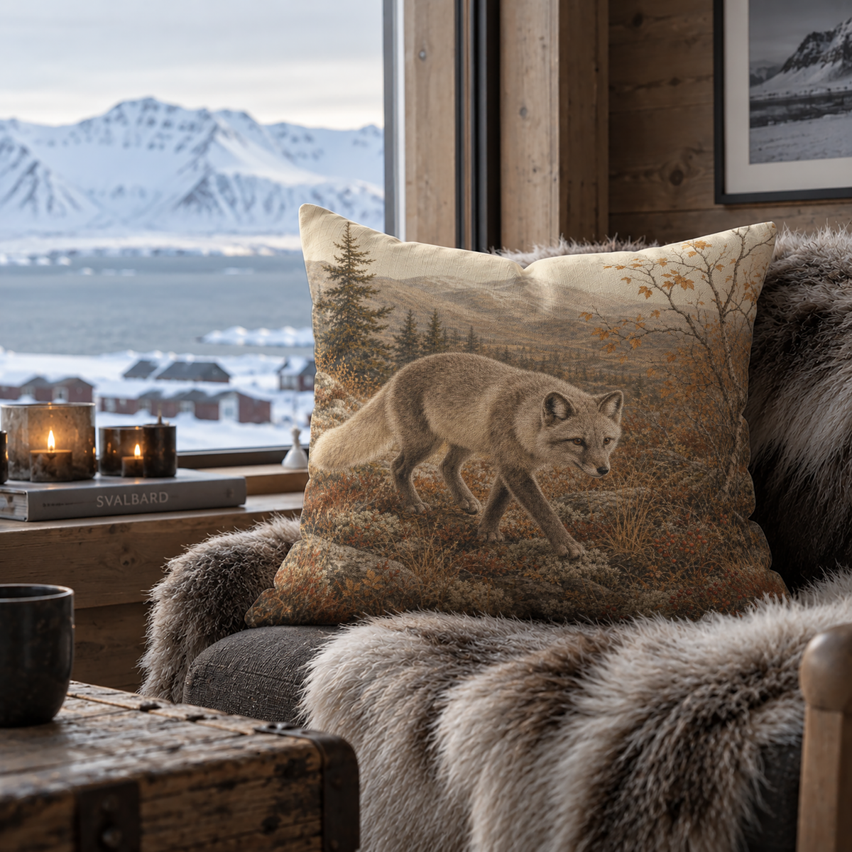 Scandinavian wildlife pillow cover with an arctic fox, distant mountains, evergreen forest and autumn tundra plants, styled as a rustic accent for a cabin or mountain home.