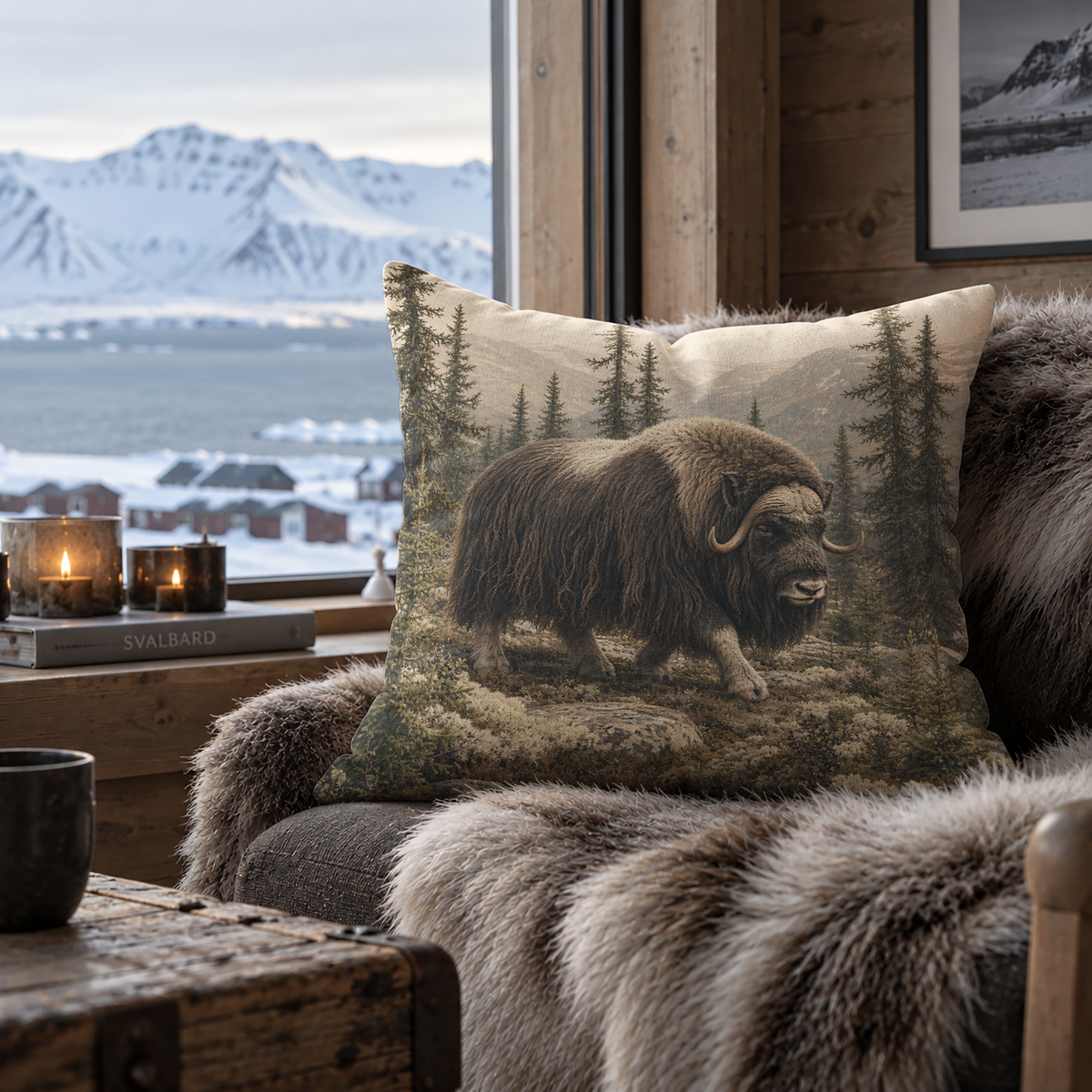 Rustic musk ox pillow cover with a shaggy musk ox standing in a northern mountain forest, surrounded by evergreen trees, rocks and low woodland plants in earthy natural tones.