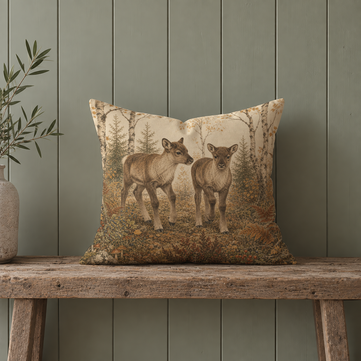 Northern wildlife pillow cover with two young reindeer in a detailed forest landscape, warm autumn colors and natural woodland design for rustic cabin and mountain home decor.