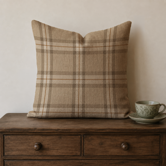 Vintage style plaid woven pillow with soft beige, tan, taupe and brown checks, classic rustic country decor, farmhouse style, cottagecore interior and English country home accent.
