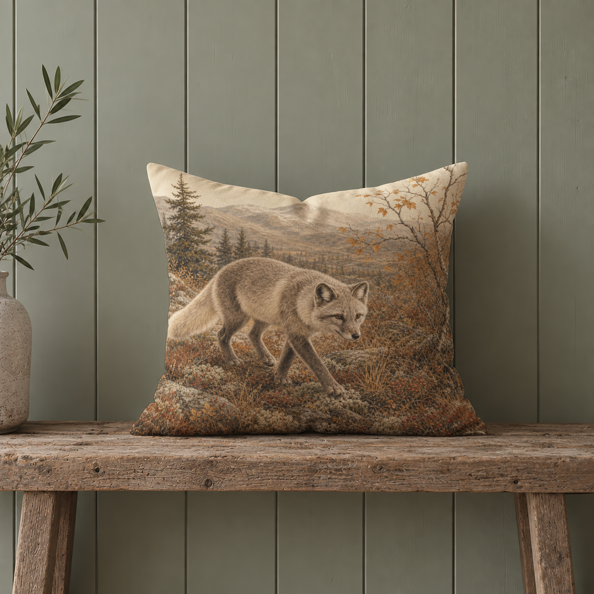 Northern wildlife pillow cover with an arctic fox in a rugged forest and mountain landscape, surrounded by natural brown, cream and muted orange fall colors.