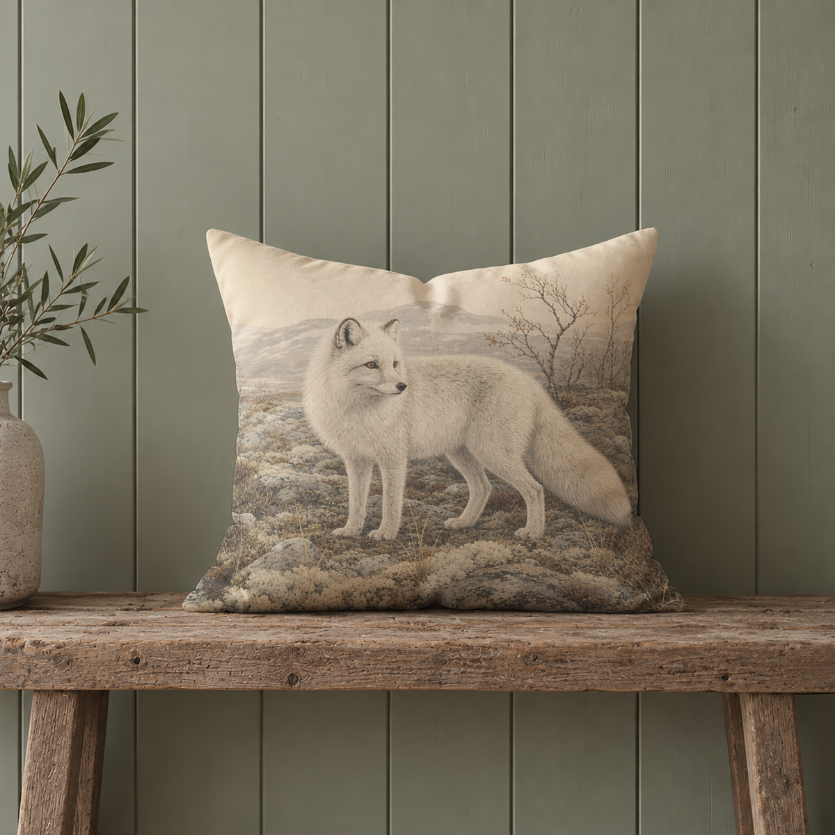 Scandinavian wildlife pillow cover with a white arctic fox, rocky tundra and distant mountains, designed for rustic cabin, Nordic, mountain and nature-inspired interiors.
