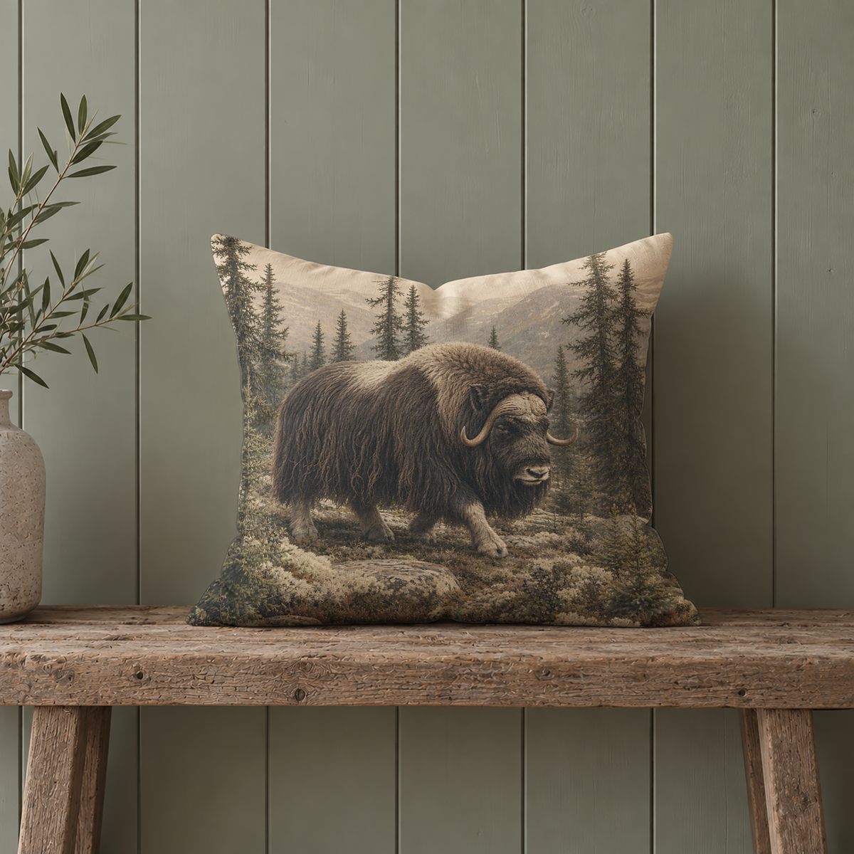 Rustic musk ox pillow cover with a shaggy musk ox standing in a northern mountain forest, surrounded by evergreen trees, rocks and low woodland plants in earthy natural tones.