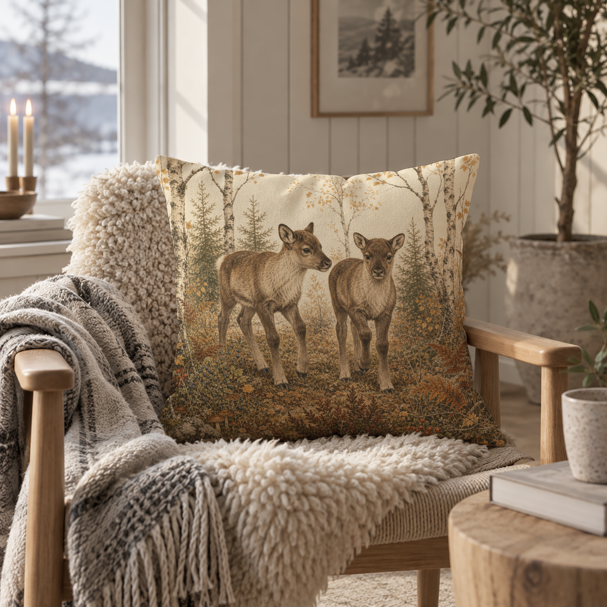 Rustic reindeer calf pillow cover with two young reindeer walking through an autumn birch forest, surrounded by woodland plants in warm earthy brown and neutral tones.