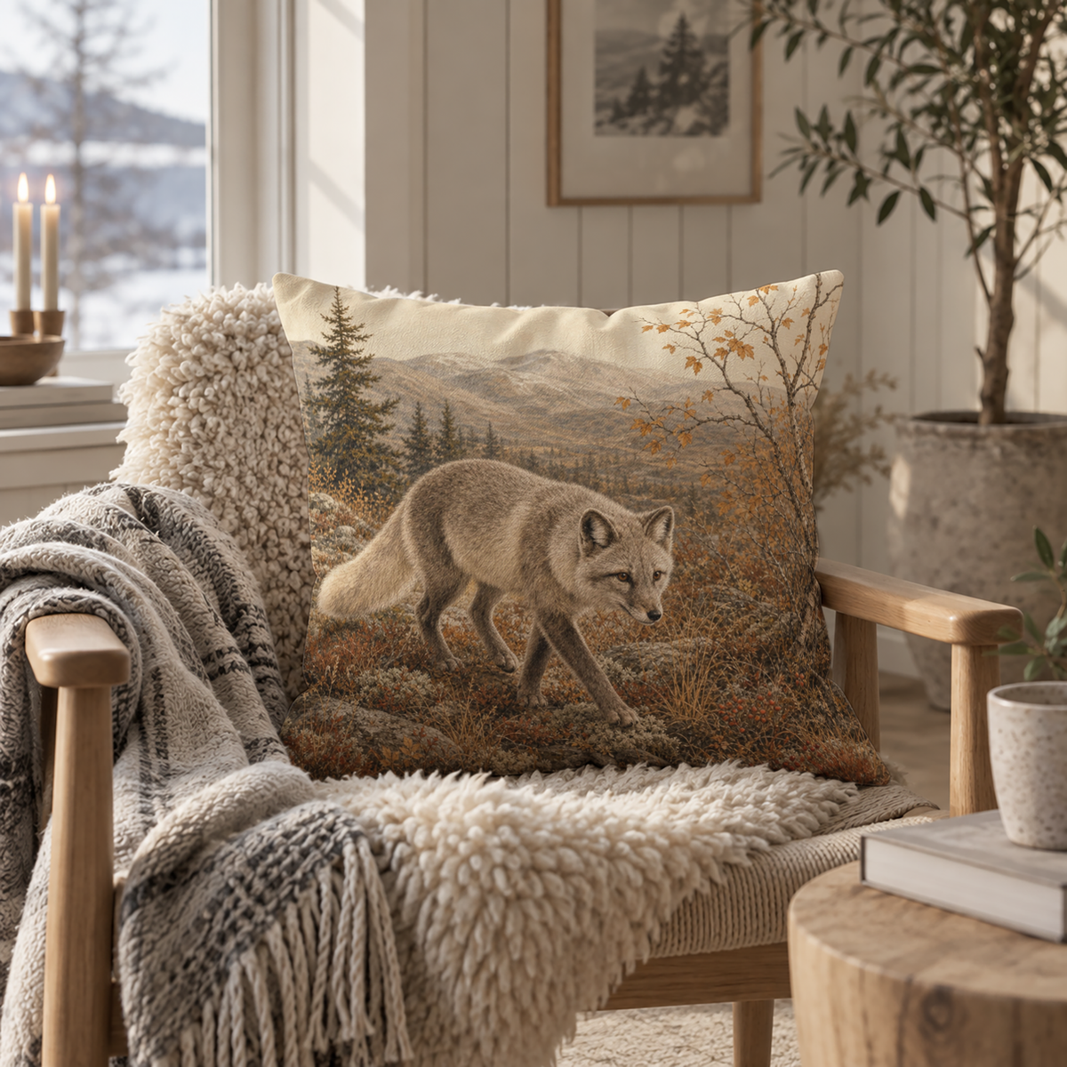 Rustic arctic fox pillow cover with an arctic fox walking through a northern mountain landscape surrounded by autumn plants, rocks and evergreen trees in warm earthy tones.