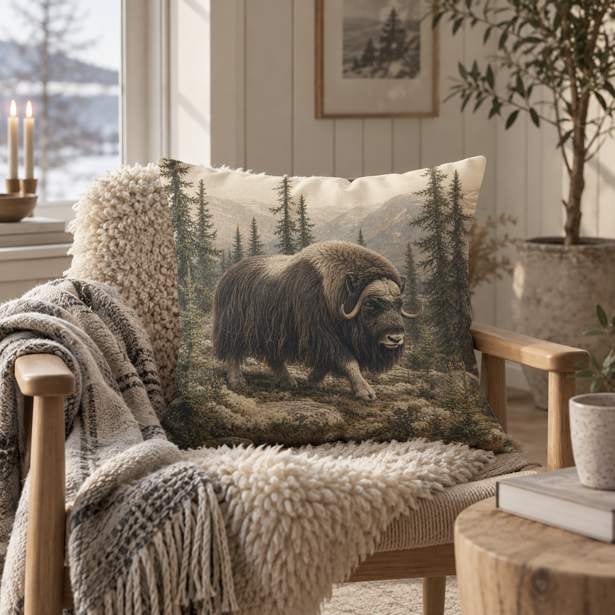 Musk ox decorative pillow cover with a northern wilderness design of a shaggy musk ox among evergreen trees and distant mountains, displayed on a rustic wooden bench.