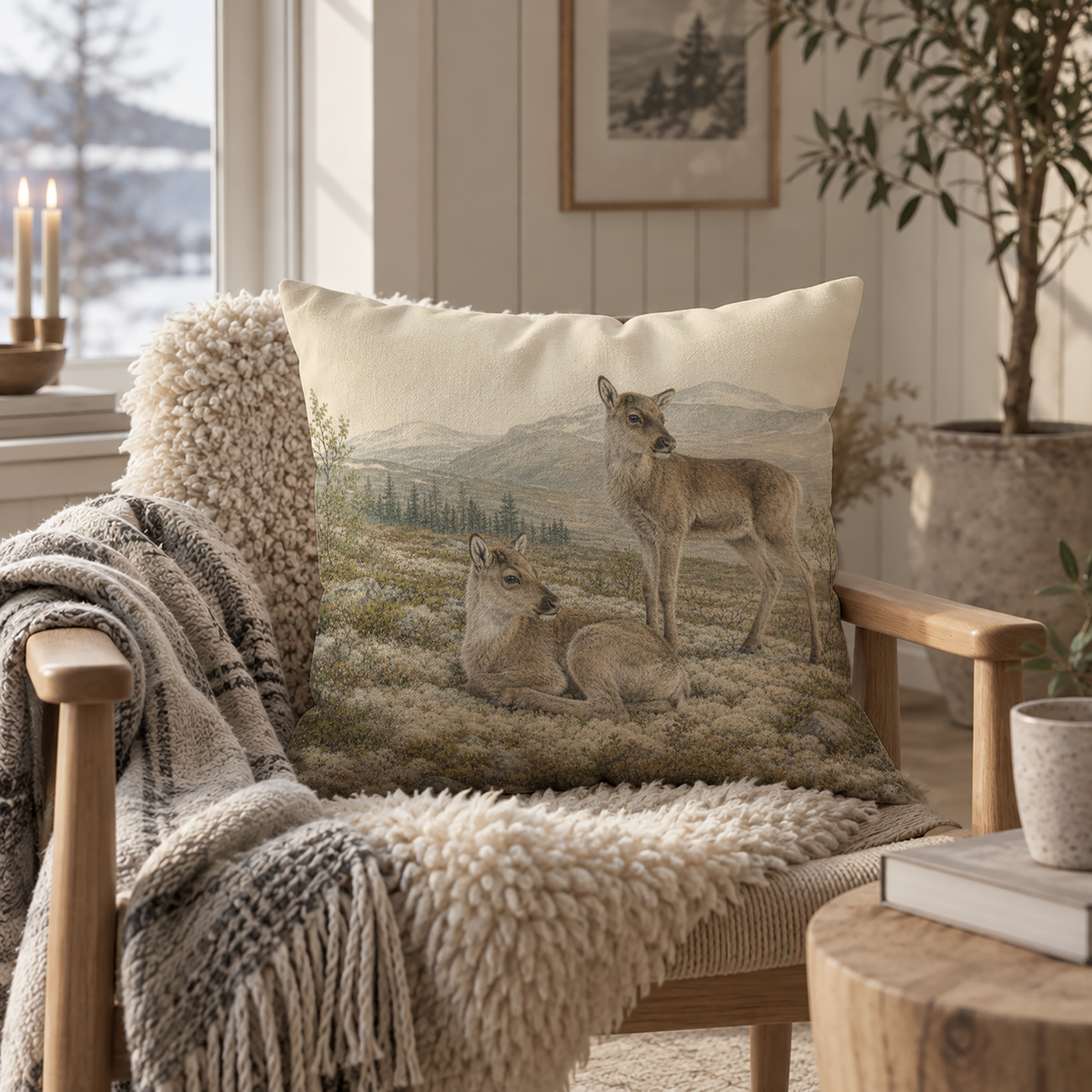 Rustic reindeer calf pillow cover with two young reindeer resting and standing in a northern mountain landscape with tundra plants, evergreen trees and soft earthy colors.