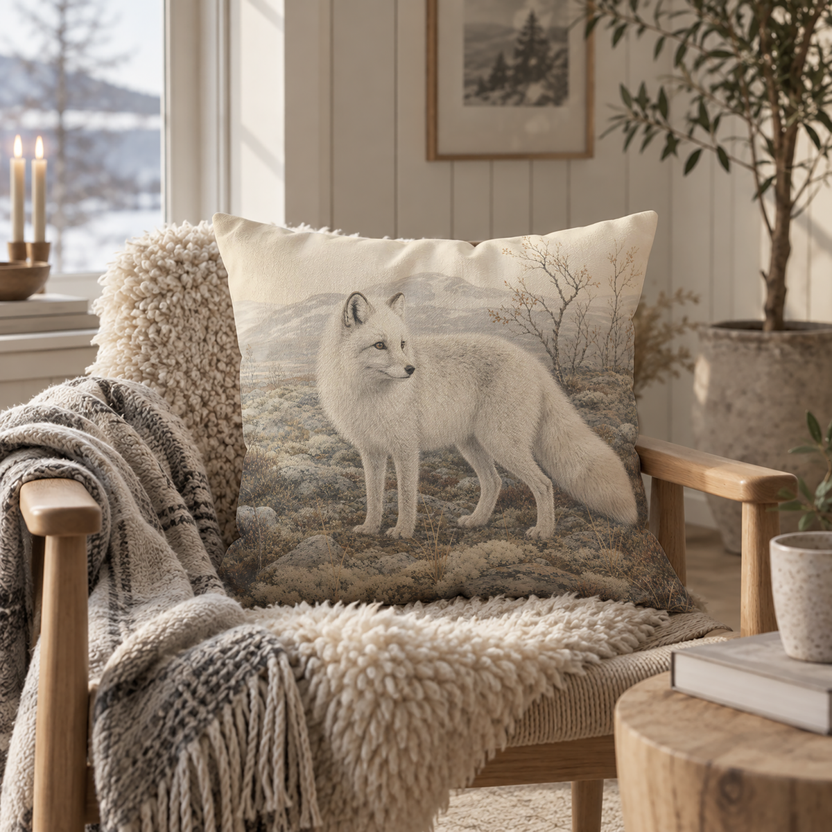 Rustic arctic fox pillow cover with a white arctic fox standing among rocks and low tundra plants in a northern mountain landscape with soft cream and earthy neutral tones.