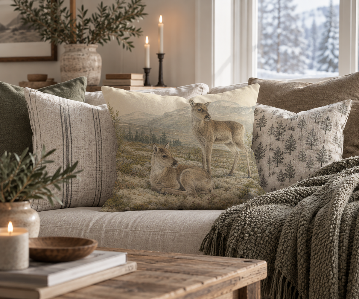 Reindeer decorative pillow cover with two young reindeer in a Nordic wilderness landscape, styled on a rustic wooden bench against a muted green paneled wall.