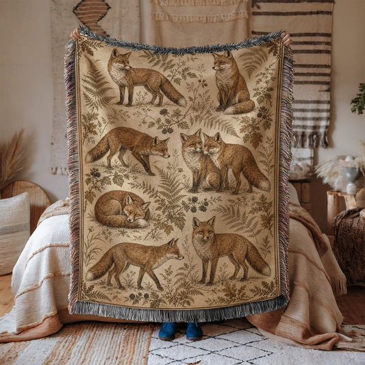 Rustic fox woven blanket with red foxes in different poses among woodland ferns, leaves and forest plants, vintage wildlife illustration with decorative border and fringed edges.