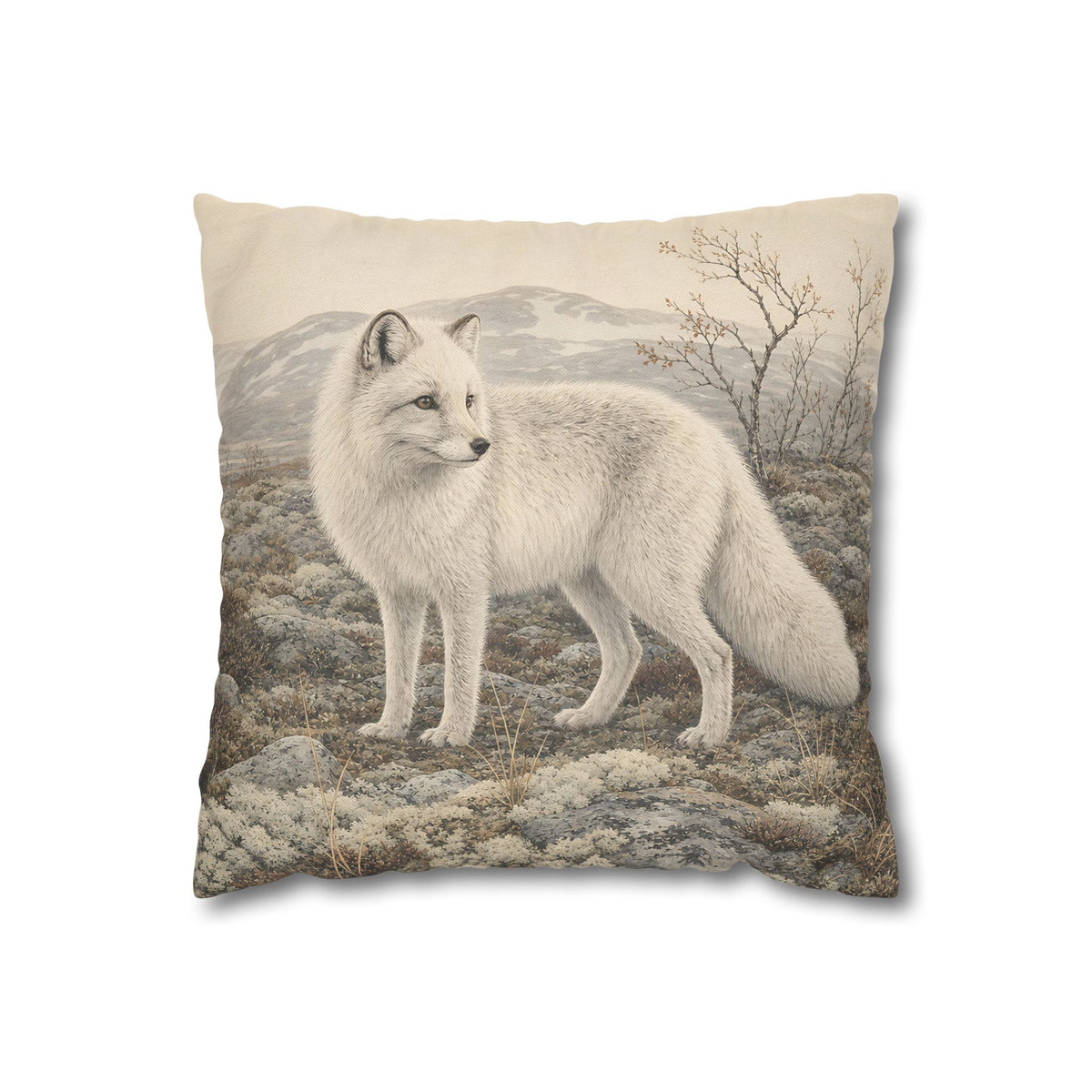Scandinavian wildlife pillow cover with a white arctic fox, rocky tundra and distant mountains, designed for rustic cabin, Nordic, mountain and nature-inspired interiors.