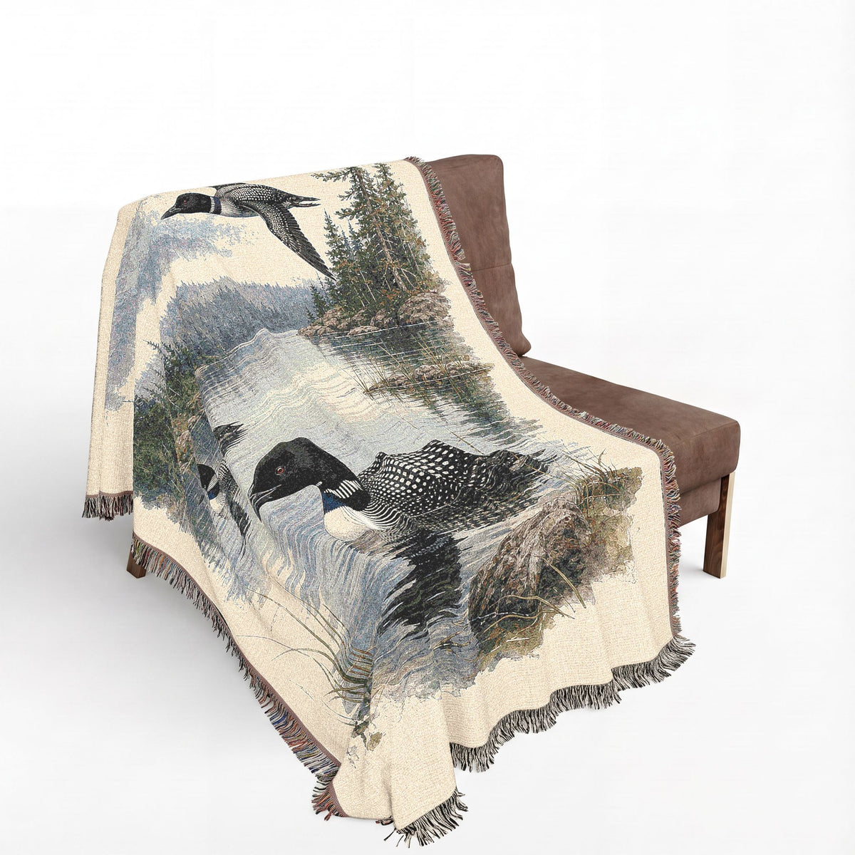 Loon Woven Blanket, Rustic Lake Cabin Throw, Northern Wildlife Nature Home Decor