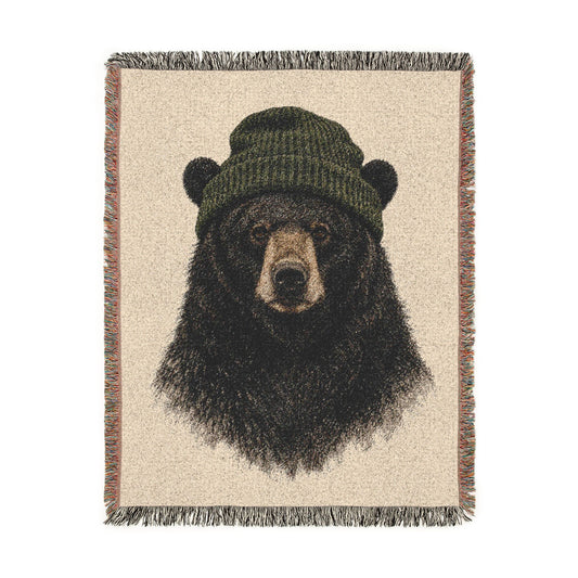 Black Bear Woven Blanket, Rustic Mountain Cabin Throw, Wildlife Nature Home Decor