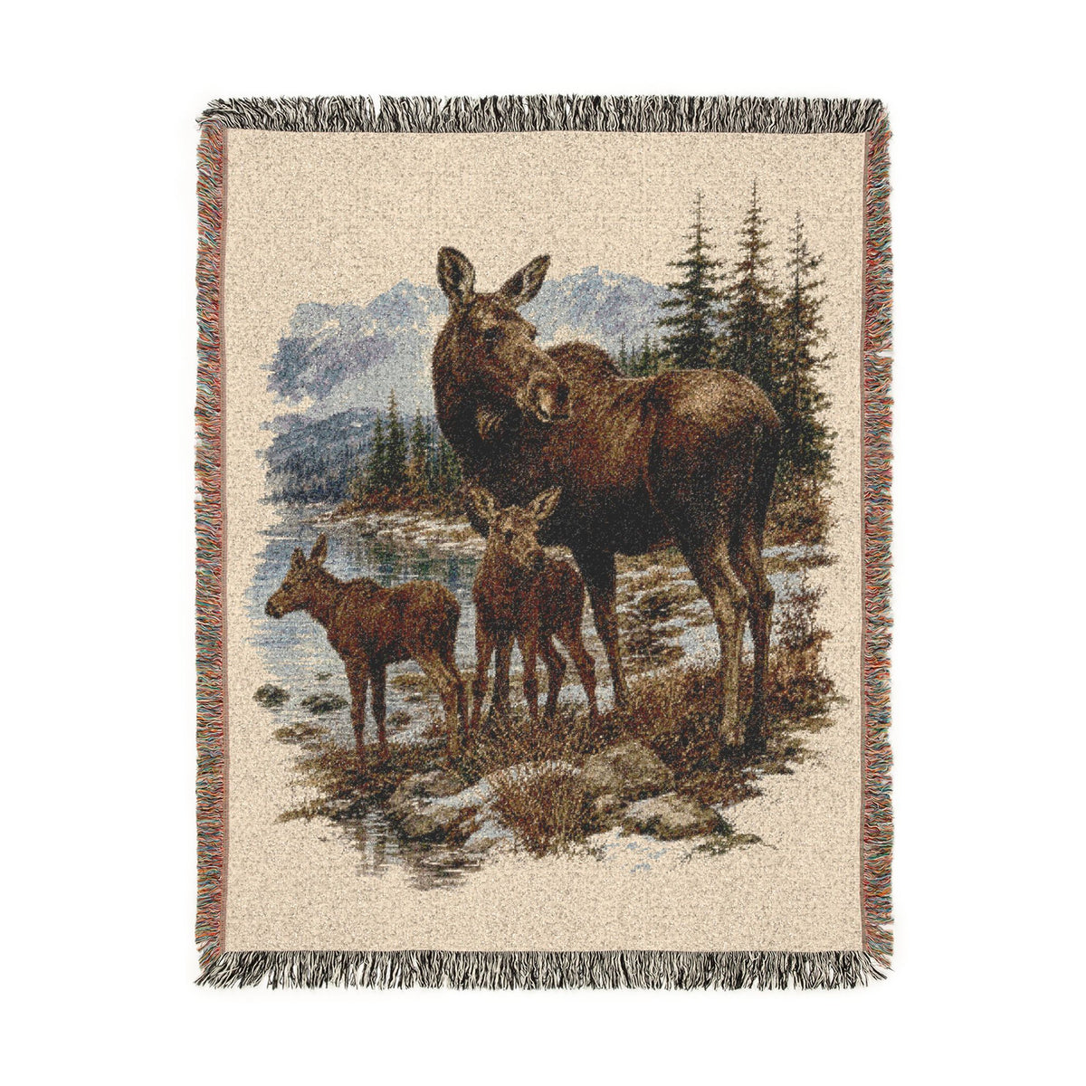 Moose Family Woven Blanket, Rustic Mountain Wildlife Throw, Cabin Lodge Nature Decor