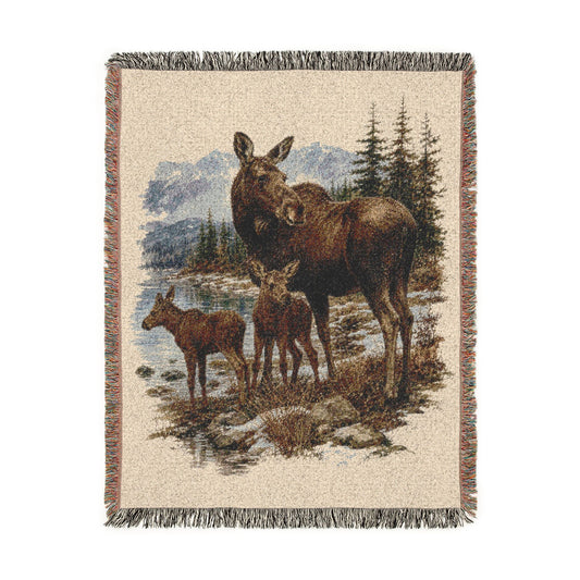 Moose Family Woven Blanket, Rustic Mountain Wildlife Throw, Cabin Lodge Nature Decor