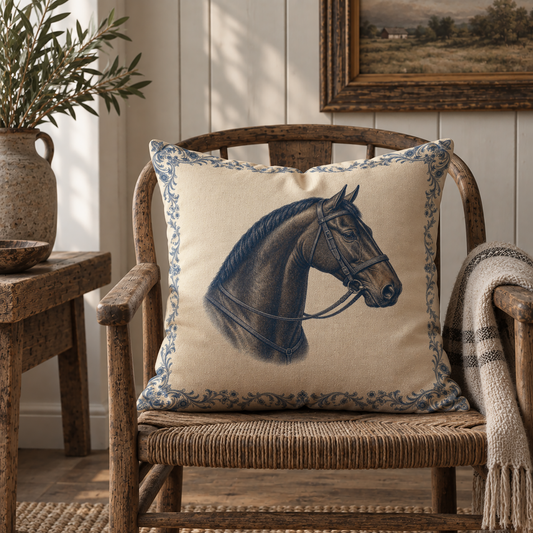 Vintage horse pillowcase with a dark horse wearing a bridle, warm cream background and ornate blue border, traditional equestrian style with English country, heritage and classic country home decor.