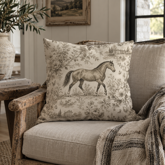 Equestrian horse toile pillow cover with a vintage horse portrait, soft botanical florals, butterflies and country estate details, traditional English cottage, country house, farmhouse and classic horse home decor.