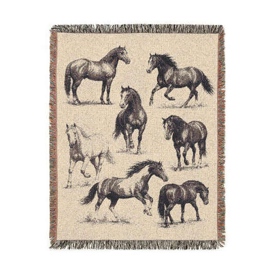 Western Horse Woven Blanket, Quarter & Paint Horse Throw, Rustic Ranch Country Home Decor