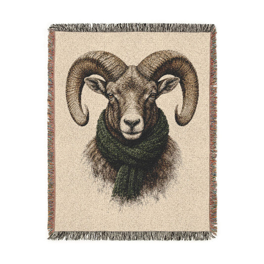 Bighorn Sheep Woven Blanket, Rustic Mountain Cabin Throw, Wildlife Ram Nature Home Decor