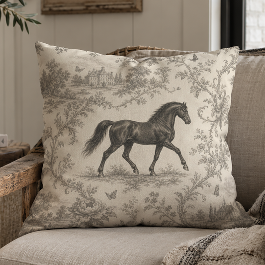 Vintage horse pillowcase with a running dark horse surrounded by delicate floral branches, butterflies and country estate scenes, traditional equestrian toile with English country, heritage and cottage decor.