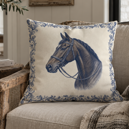 Traditional horse pillowcase with a brown horse wearing a bridle, warm cream background and ornate blue floral border, vintage equestrian decor with English country, heritage, rustic farmhouse and country house style.