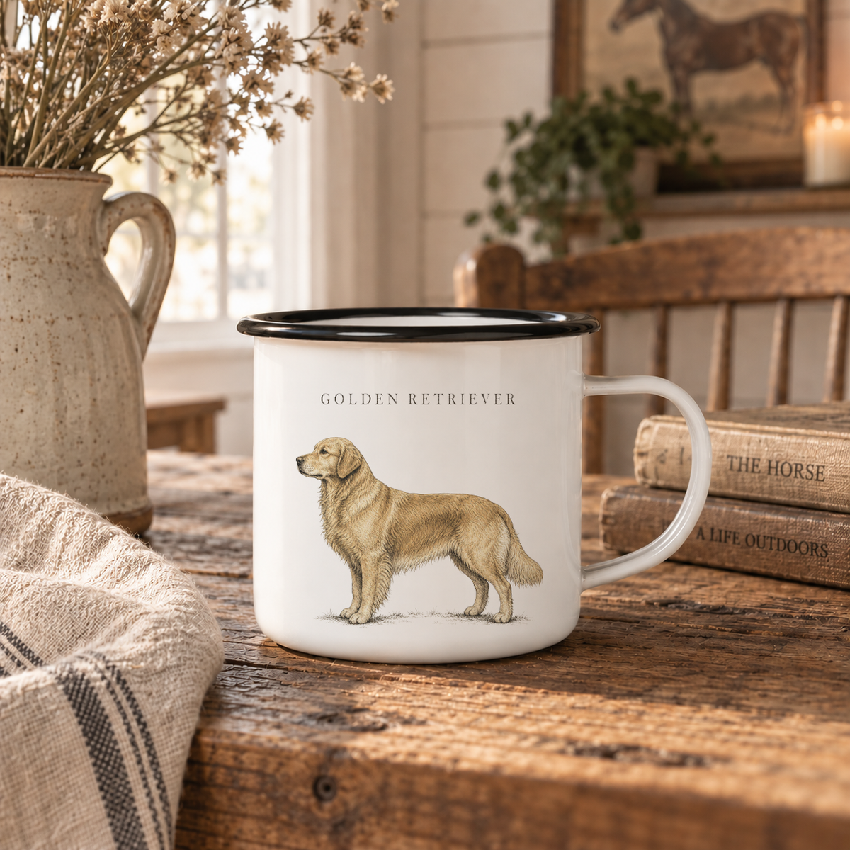 Golden Retriever Enamel Mug, Rustic Dog Coffee Cup, Country Dog Lover Gift