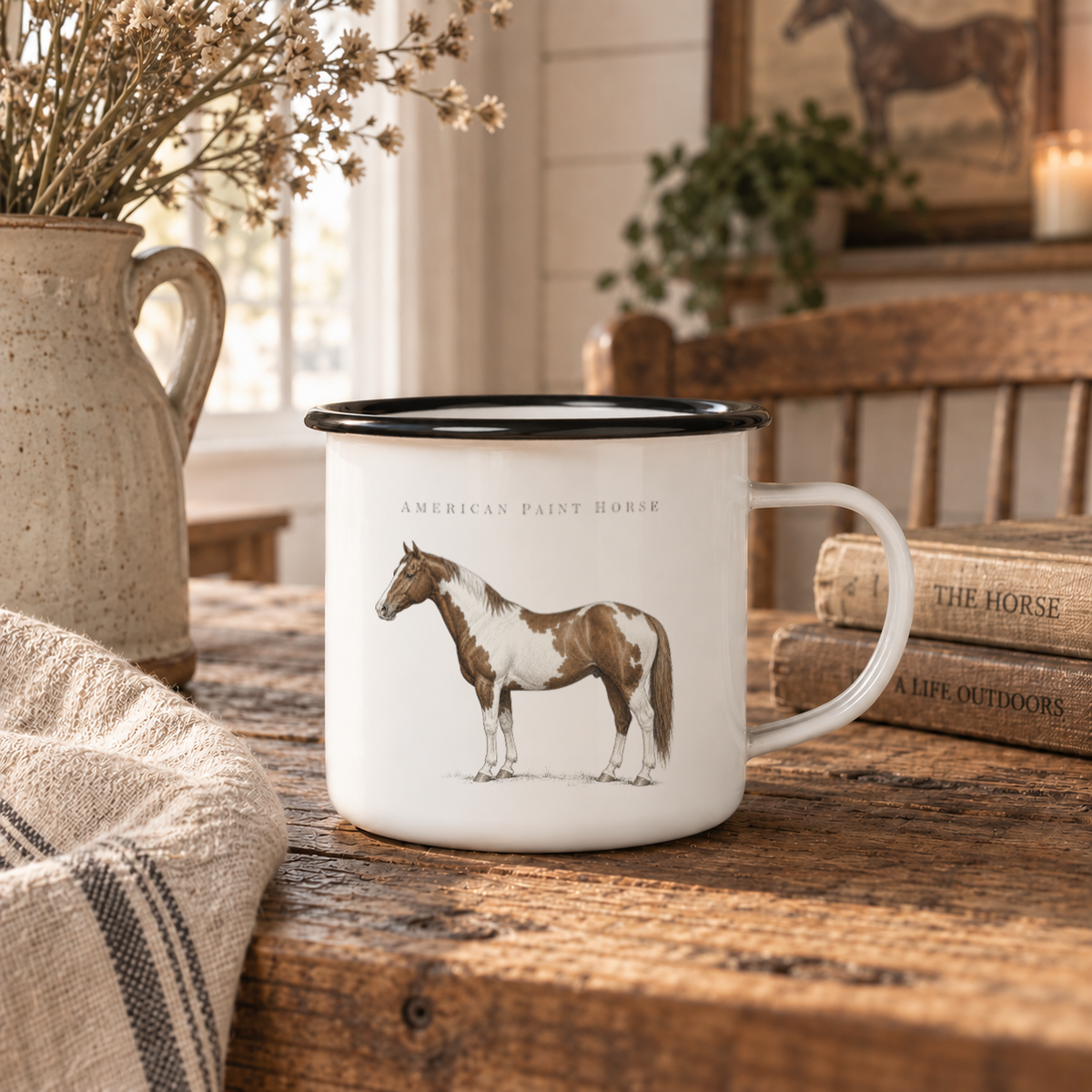 American Paint Horse Enamel Mug, Western Coffee Cup, Rustic Country Equestrian Gift